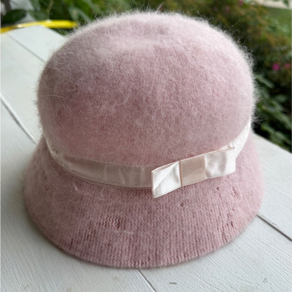 Vintage Pink Angora Wool Blend Cloche Bucket Hat with Satin Bow Size 57cm
